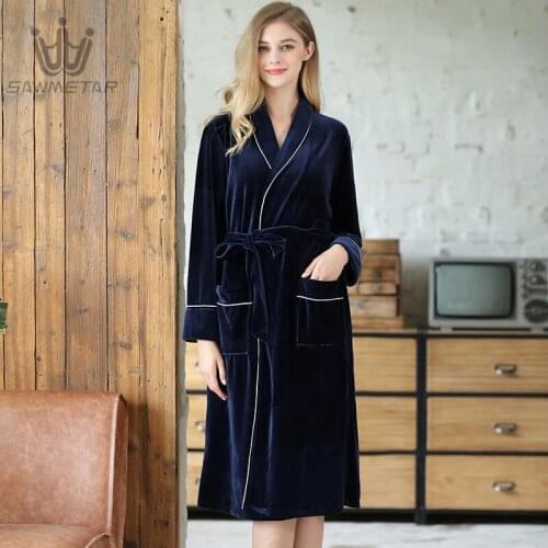 New Arrivals gold velvet long-sleeved pajamas over the knee long autumn and winter home clothes Female Homewear Velvet