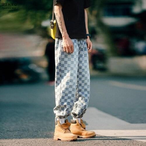 Autumn 2021 Fashion new self-made lattice street fashion brand retro hip-hop pants loose men and women teenager denim jeans