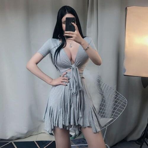 Sexy Womens Sets Bandage Slim Fit V-neck Tops Solid Two-piece Set Short Sleeve Summer Club Pleated Short Skirt Fashion New