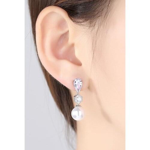 SLBRIDAL Pave Setting Fashion CZ Crystal Ivory Pearl Bridal Earring AAA Grade Cubic Zircon Earring Wedding Dangle Pearls Earring