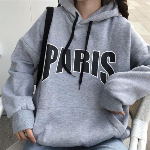 Letter Printing Sweatshirt Women Hooded Drawstring Pocket Solid Loose Girls Student Long Sleeve Japanese Fashion French Style BF