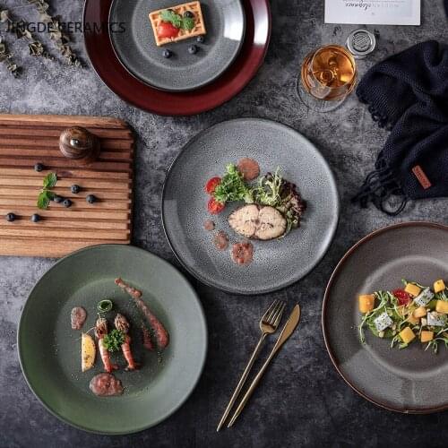 Creative Ceramic Dark Colors Round Tray Household Kitchenware Spaghetti Dish Western Food Sushi Steak Cake Dessert Nut Plate