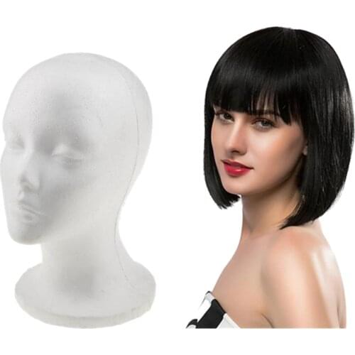 Women Ladies Beauty Human Hair Straight Short BOB Style Full Wigs + Female Foam Mannequin Display Holder