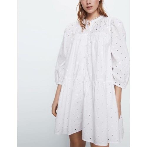 TEELYNN puff sleeve white cotton lace mini dresses women 2020 floral emboidery loose summer dress boho casual party vestidos