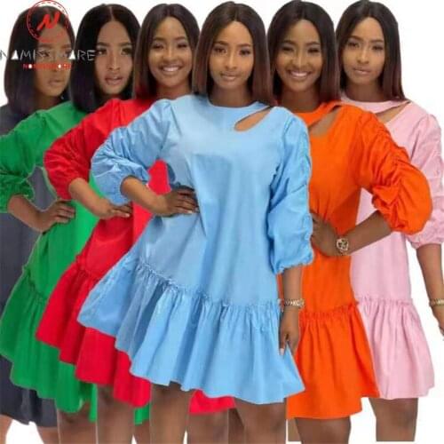 Fashion Women Solid Color A-Line Dress Hollow Out Design Ruffles Decor O-Neck Wrist Sleeve Mid Waist Spring Autumn Slim Dress