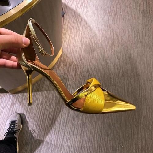 Golden Mirror shiny Leather bowtie sandals pointed toe mixed colors ankle strap high heels Ladies party outfit sandals