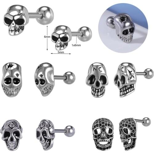 ZS 1pcs/lot 18G Gothic Skull Crossbones Stud Earrings for Men Stainless Steel Ear Studs Punk Rock Helix Conch Piercing Earring