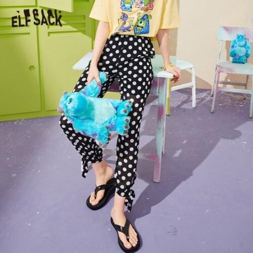 ELFSACK Polka Dot High Waist Straight Casual Minimalist Women Pants 2021 Summer ELF Korean Ladies Daily Basic Chiffon Trouser