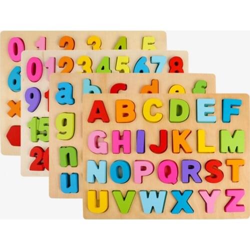 Wooden Colorful Alphabet Math Number Puzzles Board with Writing Pen Educational Cognition Kids Interactive Toy