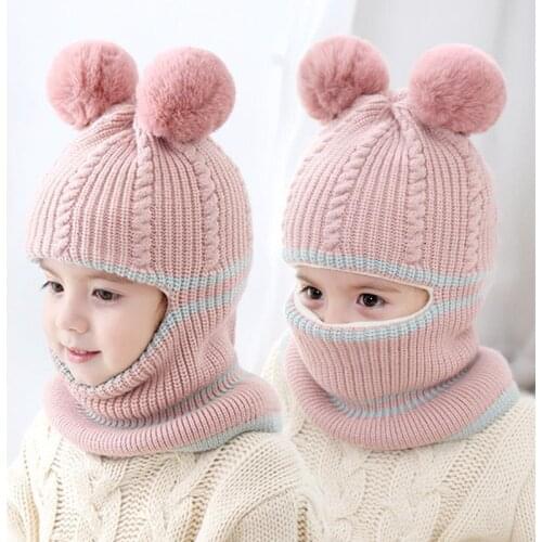 2021 Childrens pompon knitted hat autumn and winter plus velvet warm woolen hat for boys and girls, baby hat