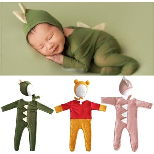 KLV Baby Romper Jumpsuit Hat Set Cartoon Dinosaur Costume Romper Newborn Photography Props Outfit Baby DIY Photo Shooting