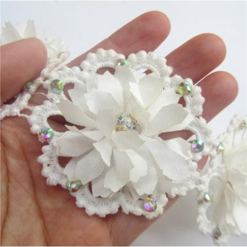 1y White Cotton Rhinestone Diamond Flower Embroidered Lace Trim Ribbon Fabric Sewing Craft For Costume Dress Hat Decoration 65mm