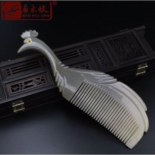 Hot high-end Natural Genuine white yak horn peacock comb anti-static anti-dandruff Hair care comb