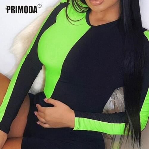 Neon Green Orange Body Autumn Sexy Bodysuits Women Color Patchwork Skinny Bodysuits Club Party Overalls Bodycon Rompers PR008G
