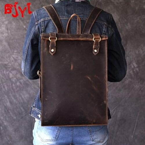 New Retro Leather Mens Backpack Men Brown Leather Backpack Leather Big Travel Backpacks Male Computer Bags Crazy Horse Leather