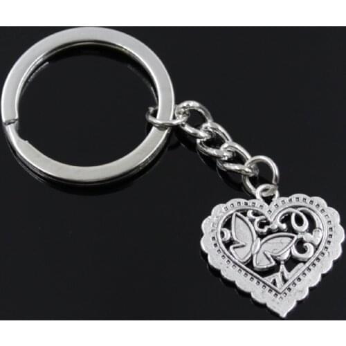 New Fashion Men 30mm Keychain DIY Metal Holder Chain Vintage Heart Butterfly 25x24mm Silver Color Pendant Gift