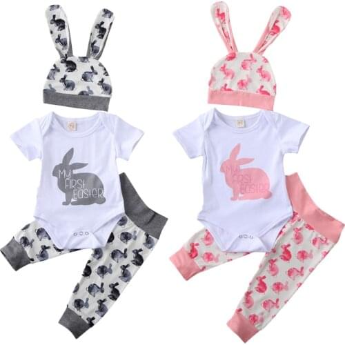 Newborn Baby Boys Girls Easter Prints Outfits Clothes Set Bunny Print Short Sleeve Romper Tops Pants Hat