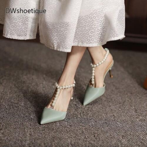 Sexy pearl strap women dress shoes crystal heel pointed toe lady party shoes