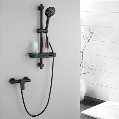 Luxury Matte Black Rainfall Shower Faucet Set Single Lever Bathtub Shower Mixer Faucet & Storage Shelf Shower Mixer Water Tap