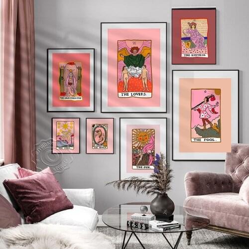 Pink Pretty Girly Art Poster, Tarot The Sun World Star Empress High Priestess Lovers Art Prints, Seven Cards Wall Art Home Decor