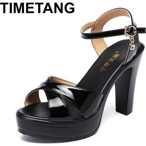 TIMETANG New Fashion Patent Leather Shoes Women Sandals High Heels Crystal Buckle Ladies Dance Shoes Platform Sandals Plus Size