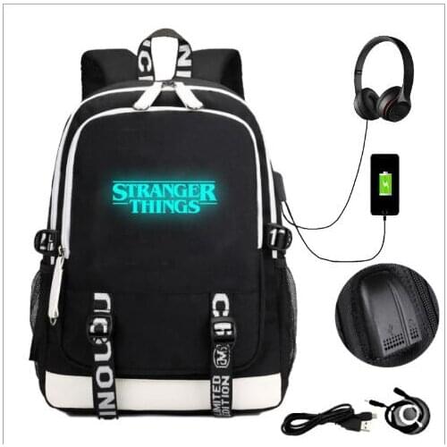 Hot Stranger Things USB Backpack School Book Bags Friends Fans Travel Bags Laptop Chain Backpack Headphone USB Port