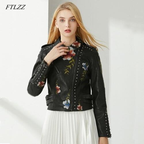 FTLZZ New Women Rivet Floral Print Black Pu Leather Jacket Floral Embroidery Turndown Collar Streetwear Punk Coat Outerwear