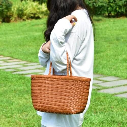 Womens Genuine Leather Woven vegetable basket Shoulder Bag with Casual Woven Inside Bag Vintage Shopping Bag Cowhide Tote Bag