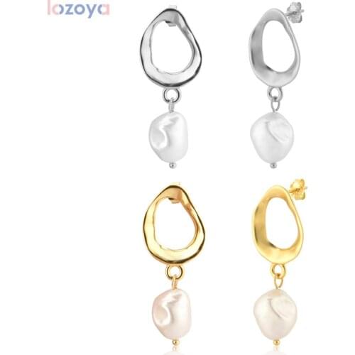 Lozoya 925 Sterling Silver Irregular Jewels Big Pearl Drop Earring Women Fashion Fine Jewelry Gold Luxury Classic Piercing Clip