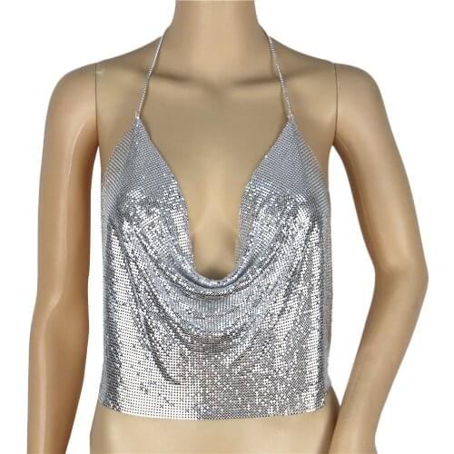 Women Sexy V-Neck Halter Backless Chain Sequined Tank Vest New For 2020 Top Tank Tops Women Summer Halter Top Z0226