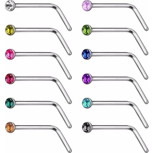MODRSA 10pcs/lot Mix Color L Shape Crystal Nose Ring Stainless Steel Nose Stud Piercing Nariz Body Piercing Jewelry For Women