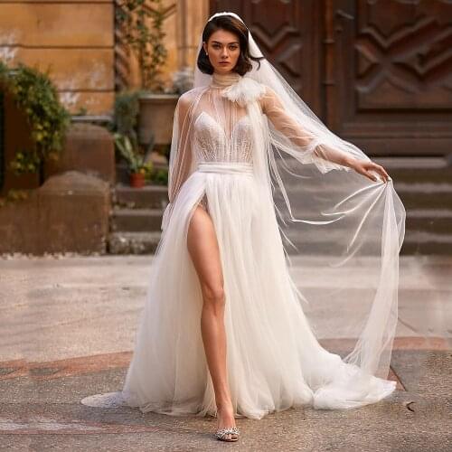 UZN Sexy Ivory Lace And Tulle Wedding Dresses Long Puffy Sleeves High Slit Vestidos De Novia 2021Sweetheart Wedding Gown