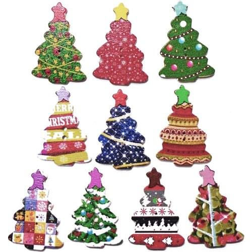 ZIEENE 100PCs Painting Christmas Trees Mixed 10 Colors Wooden Buttons DIY Crafts Sewing Scrapbooking For Kids Handmade 35x25mm