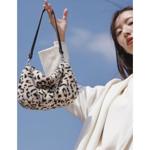 Winter Soft Plush Female Tote Purse Handbags Vintage Leopard Prints Women Hobos Underarm Bag New Faux Fur Ladies Shoulder Bags