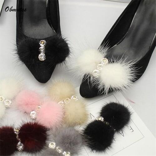 1 Pair Soft Fur Shoe Charms Women Girls Rhinestone Shoes Accessories Heels Bows DIY Hat Decoration for Winter