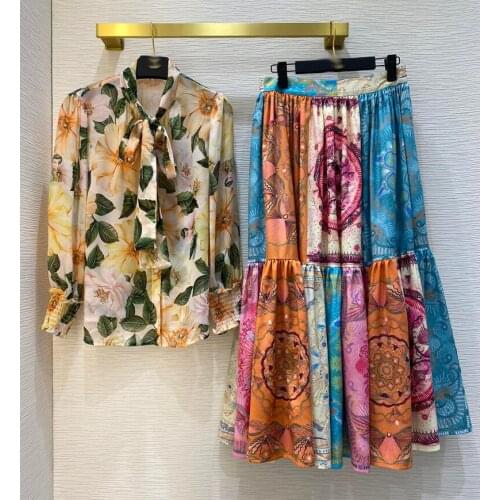 2021 Runway Designer Summer Skirt Suit Women Elegant Camellia Print Long Sleeve Bow Blouse + big hem long Skirt 2 Piece Set y465