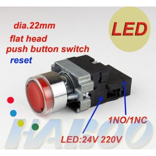 5pcs/lot 22mm led lighting push button switch led reset push button switch flat head 24V 220V