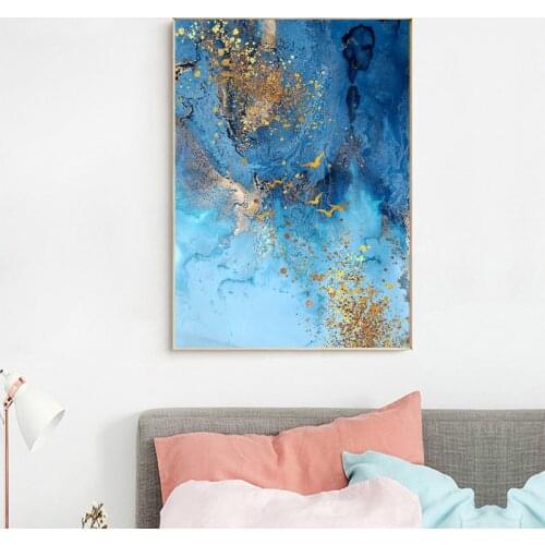 Abstract Golden Blue Seascape Imaginative Abstract Canvas Painting Poster and Prints Modern Wall Art For Living Room Home Decor