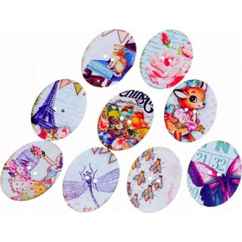 Free Shipping 25Pcs Random Mixed 2 Holes Pattern Oval Wood Buttons Sewing Scrapbooking 38x28mm F1131