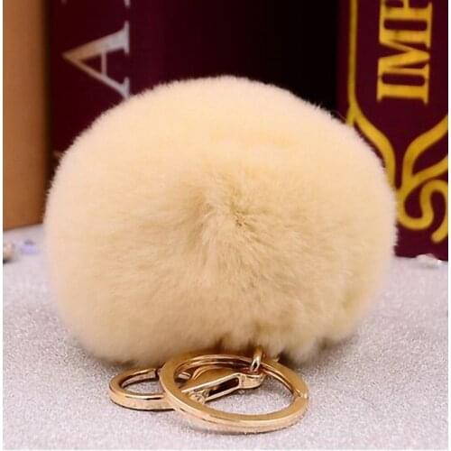 Brand Fluffy Rex Rabbit Fur Pompom 8CM For Bags&Cars Charm Real Natural Fur Balls Key Chain K005-beige keyring women