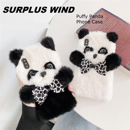 For iPhone 11 Pro Max Plush Phone Case Cute Fluffy Panda Bumper ShockProof Back Cover for iPhone X XsMax iPhone 7 8 Case Funda