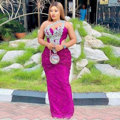 Fuchsia Lace Mermaid Prom Dresses Aso Ebi Style Lace Appliques Mermaid Evening Gowns Plus Size Floor Length Robe Party Dress