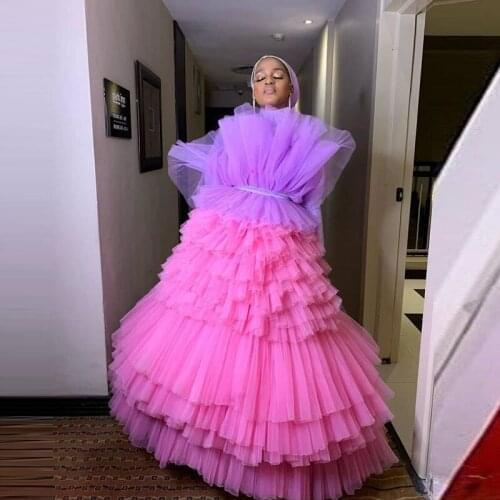 Contrast Color Strapless Tulle Dresses For Women Pink And Purple African Women Brithday Formal Tulle Robes Photo Shoot Gowns