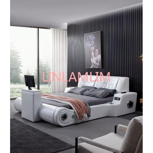 Real Genuine leather bed TV Soft Beds Bedroom camas lit muebles de dormitorio yatak mobilya quarto massage speaker bluetooth 361