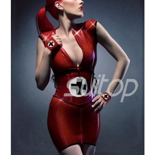 Latex rubber uniforms (dress + heavy corset) nurse in russetish deep Red color double (double-faced latex )COSPLAY SUITOP