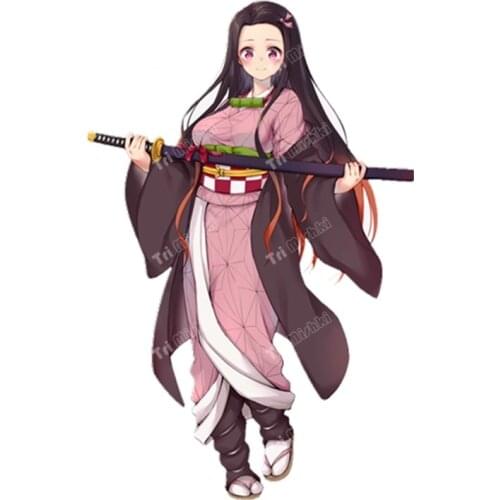 Cartoon Racing Helmet Nezuko Kamado Car Sticker Demon Slayer Anime PVC Colorful Decals Bumper Trunk Sticker