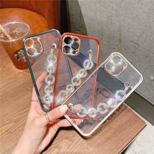 Plating Diamond camera lens Bling Rhinestone bracelet Soft Phone case For iPhone 13 12 Pro X XR XS Max 7 8 Plus Luxury Cover