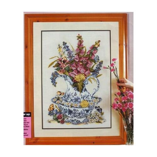 Top Quality Counted Cross Stitch Kit Carnation Foxglove Digitalis Lavender Floral Flower Flowers in Blue Vase Celadon