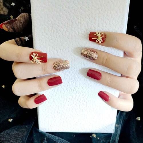 24pcs Fake Nails With Glue Designed Wine Red Bow Flash Powder Wear Finished Nail Tablet False Nail Removable Manicure TY
