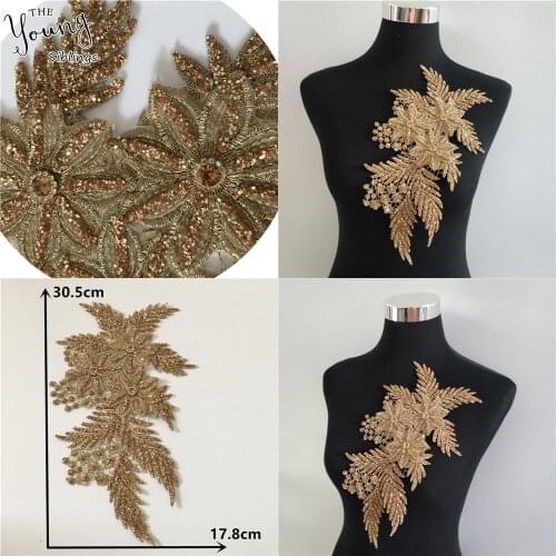 New arrive Gold 3D Flower Lace collar Lace Neckline Sequin Embroidery Applique Craft Rhinestone DIY Dress Decorate Accessories